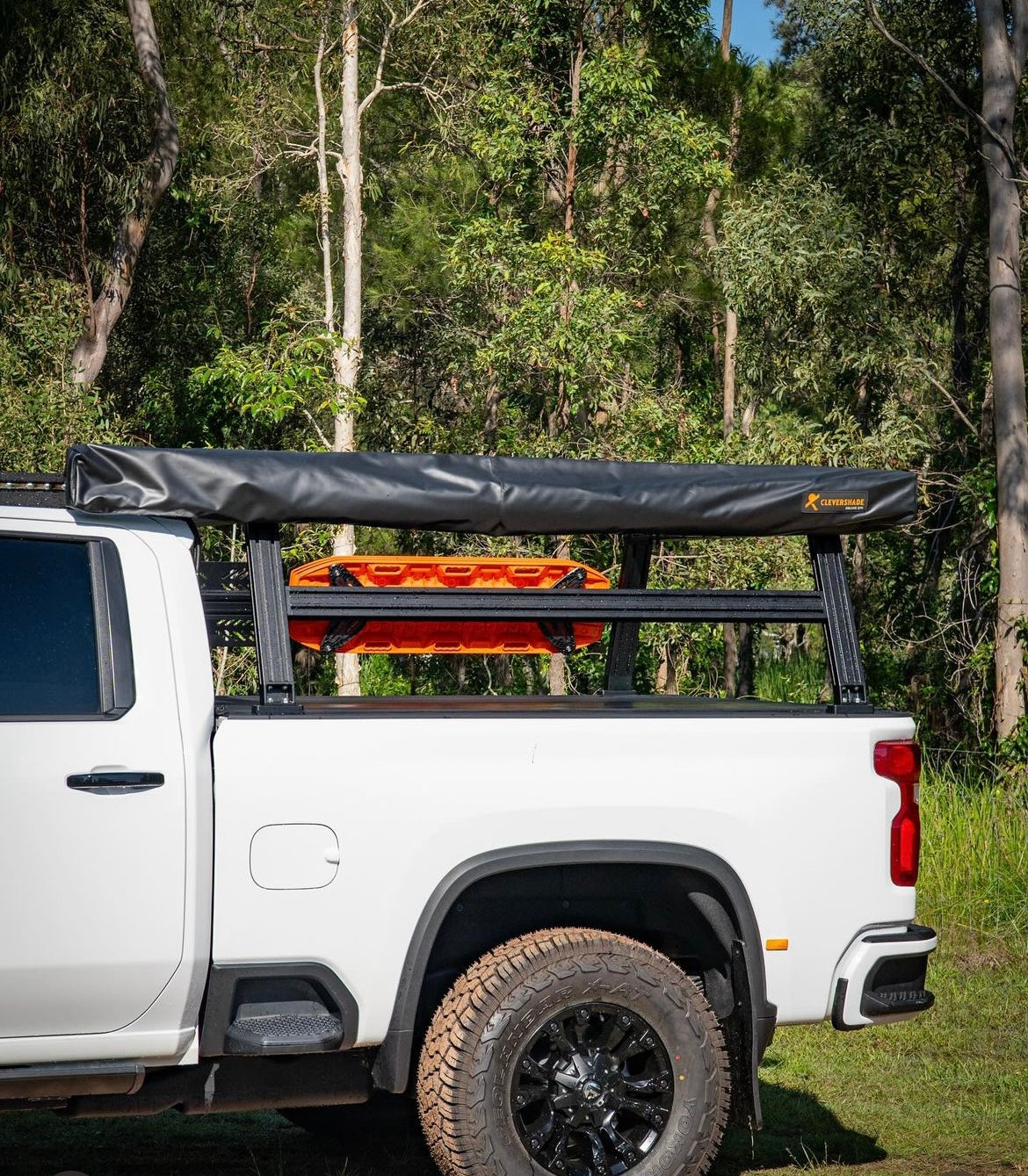Ute with tub rack, awning and Maxtrax